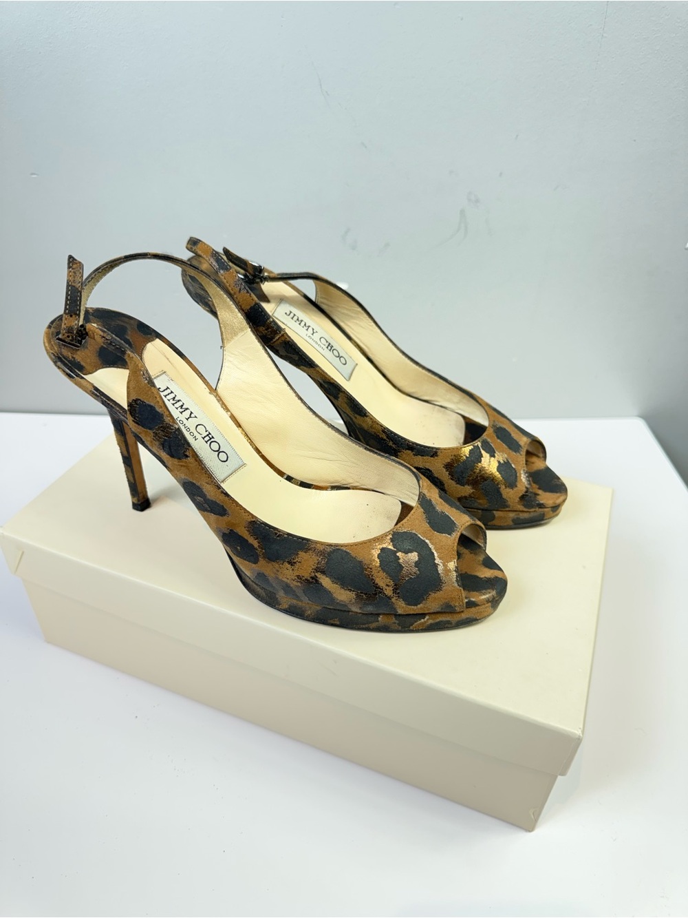 Jimmy Choo Leopard Print Slingback Heels – Peep Toe Designer Pumps 7 1/2